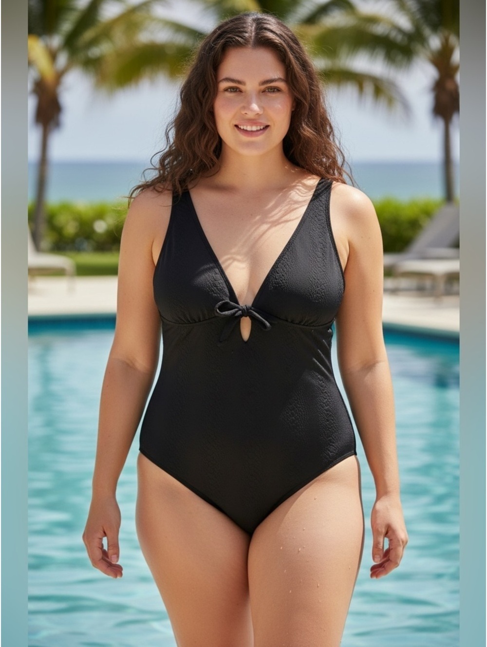 Kona Sol Black One-Piece Swimsuit XL V-Neck Front Tie Keyhole Women’s Swim